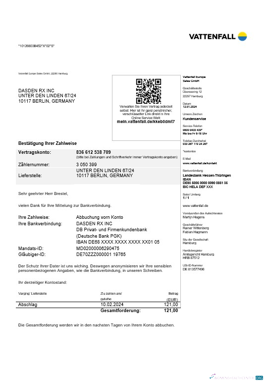 Download Germany VATTENFALL business utility bill template in Word and PDF formats Photoshop template